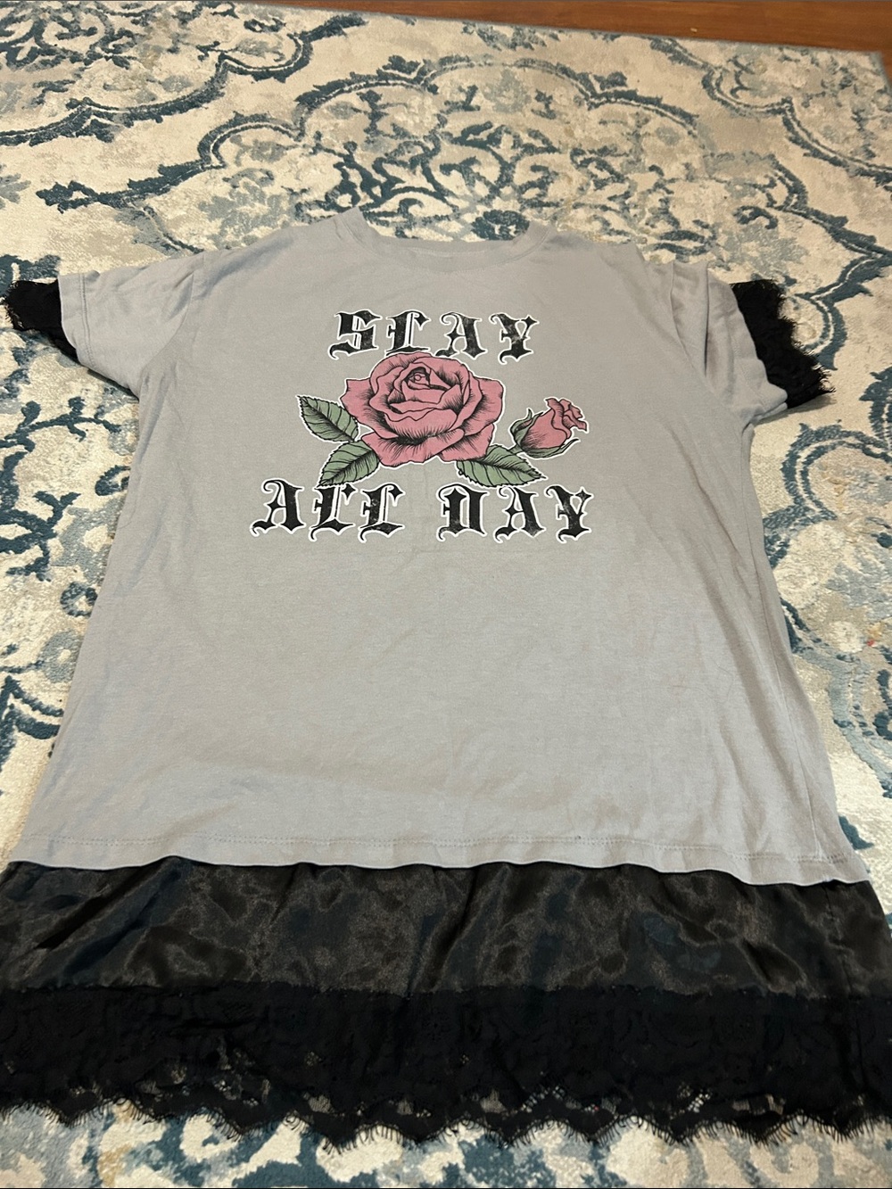 Cold Crush Gray Tee Nightshirt with Pink Rose and Black Lace Hem